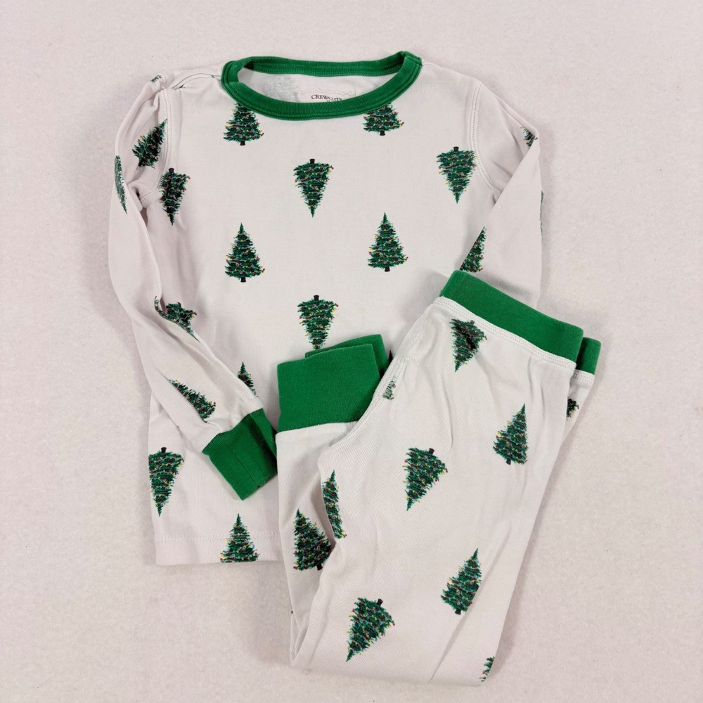 Crewcuts Pajama Set Kids Size 4 White Green Excellent Christmas Tree Holiday PJj